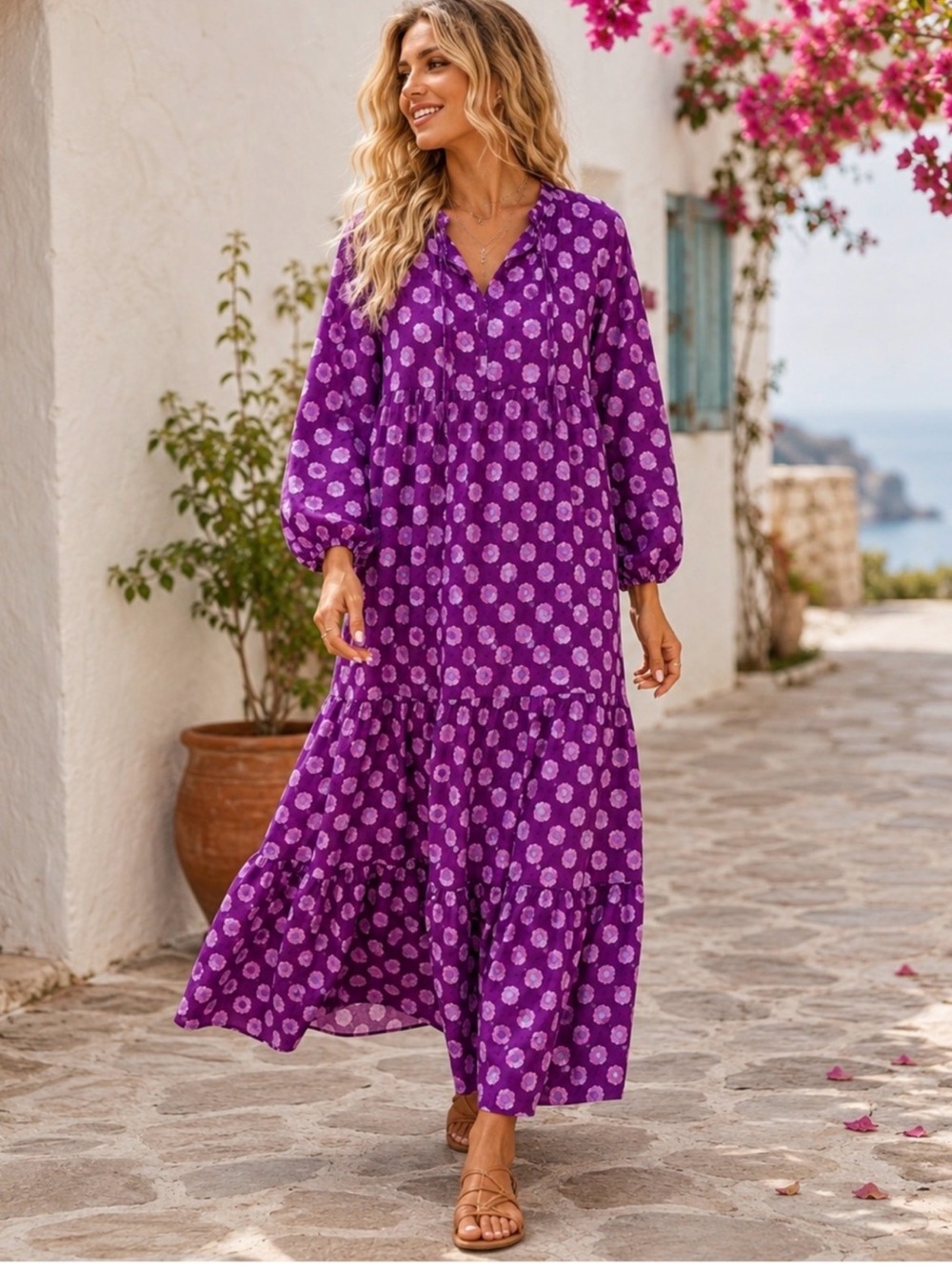 Dokotoo Boho Floral Tiered  Maxi Dress Tie Neck Balloon Sleeve Large NWT